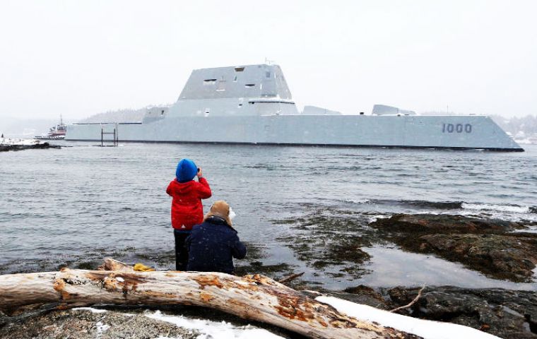 USS Zumwalt is 180 meters long warship and has an angular shape to minimize its radar signature. It cost more than US$4.4 billion