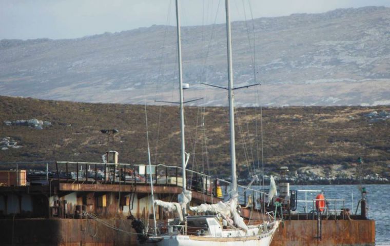 The vessel spent over a year in the Falklands after it was rescued abandoned and adrift in October last year, Falklands Fisheries Protection vessel, FPV Protegat.