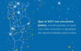 The ministry twitted a greetings message, “May 2017 finds us united and in peace” with a background map of Argentina but without the South Atlantic Islands.