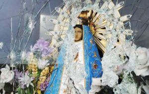 When damage to the stoned case and statue of the Virgin of Lujan was reported, the Argentine and Falklands governments immediately condemned actions.   