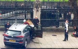Driving a large sport utility vehicle, the assailant slammed into pedestrians on Westminster Bridge near Parliament, before crashing into a railing. 
