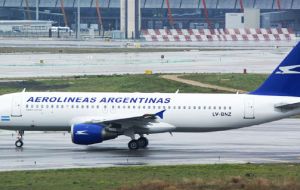 Aerolineas Embraer 190 receives the traditional water cannons ceremony when it arrived at Mar del Plata airport  