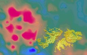  Depicted above are the Islands and a notable increase in the strength of Earth’s magnetism in the area (in red) (National Centers for Environmental Information).