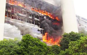 A fire broke out in the Ministry of Agriculture, and demonstrators smashed windows and doors at other ministries.