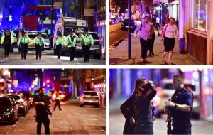 A white van hit pedestrians on London Bridge at about 22:00 BST on Saturday, then three men got out and stabbed people in nearby Borough Market. 