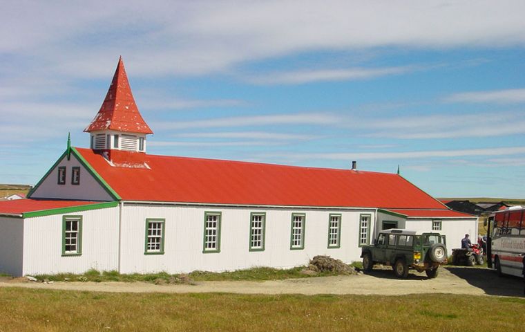  Goose Green Village Hall where Islanders were imprisoned when the Argentine Military Junta took over the Islands in 1982. 