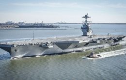 USS Gerald Ford is nearly 1,100 feet long with an expanded flight deck width of 256 feet, allowing it to hold more than 75 aircraft at a time. 