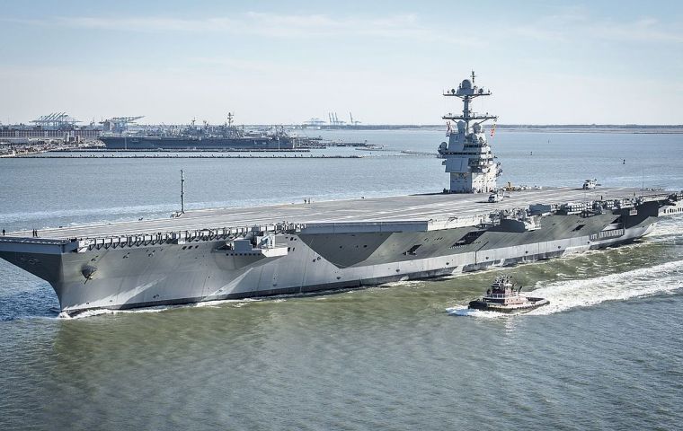  USS Gerald Ford is nearly 1,100 feet long with an expanded flight deck width of 256 feet, allowing it to hold more than 75 aircraft at a time. 