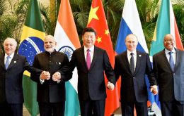 Brazilian President Michel Temer, Russia's Vladimir Putin, China's Xi Jinping,  South Africa's Jacob Zuma and Indian Prime Minister Narendra Modi