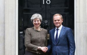 While posing for photographs with Mr Tusk, Mrs. May said the two leaders agreed that “things have moved on” in the Brexit process.