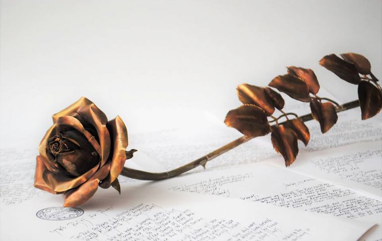 The Rose for Peace made from shell casings metal with the engraved names of the three civilian ladies killed as a result of accidental fire from a British warship