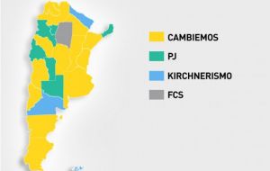 Macri’s “Cambiemos” coalition (yellow colour) won the top five population centers of Buenos Aires City, and Buenos Aires, Cordoba, Santa Fe and Mendoza provinces. 