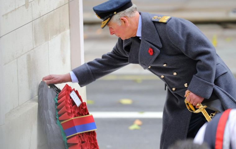 The heir of the British throne lays the first wreath at the Cenotaph on Remembrance Sunday  