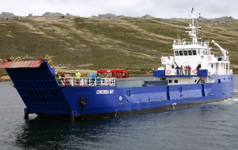 Concordia Bay is a 45.5m Landing craft flagged in the Falklands as a passenger/cargo vessel and owned by Workboat Services Ltd.  