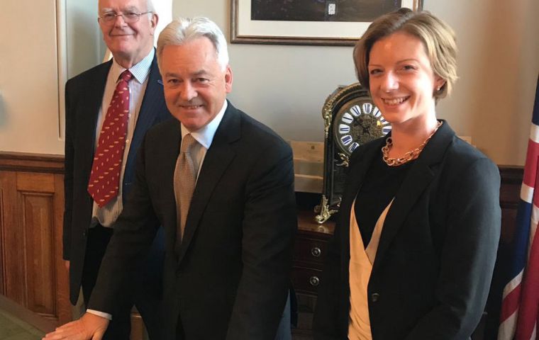 Falklands MLA Teslyn Barkman and MLA Roger Edwards (L) with Sir Alan Duncan (C) Minister of State for Europe and the Americas