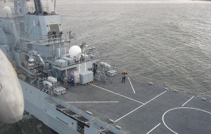 Argentines helicopters landing on the deck of HMS Clyde to re-fuel