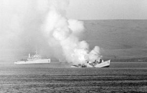 HMS Antelope split in two after it was struck by a 1,000lb bomb dropped by a jet on San Carlos Water in the Falklands