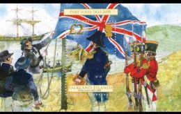 The moment the British flag is raised in the Falklands in 1833, recalled in a stamp