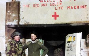 The hospital mounted at Ajax Bay was known as the “red and green life machine” and this became the title of one of his books.