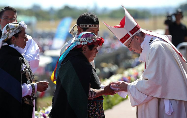 “Violence eventually turns a most just cause into a lie,” Francis told an exuberant crowd of about 150,000 mostly Mapuche on a military airfield in southern Chile. 