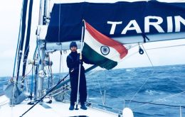 The tiny sailboat INVS Tarini with its six member crew left India last September and should be arriving in Goa next April. (Pic by Indian Navy)