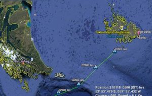 Latest position of the Tarini this morning upcoming to Falklands.