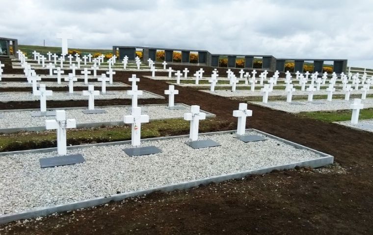 The Argentine Memorial at Darwin with the rows of graves, with their white cross and black granite plaques. Pic CICR