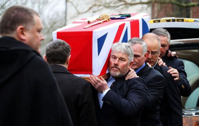 Capt Jolly's coffin was carried by men who served alongside him at the Red and Green Life Machine during the Falklands conflict.
