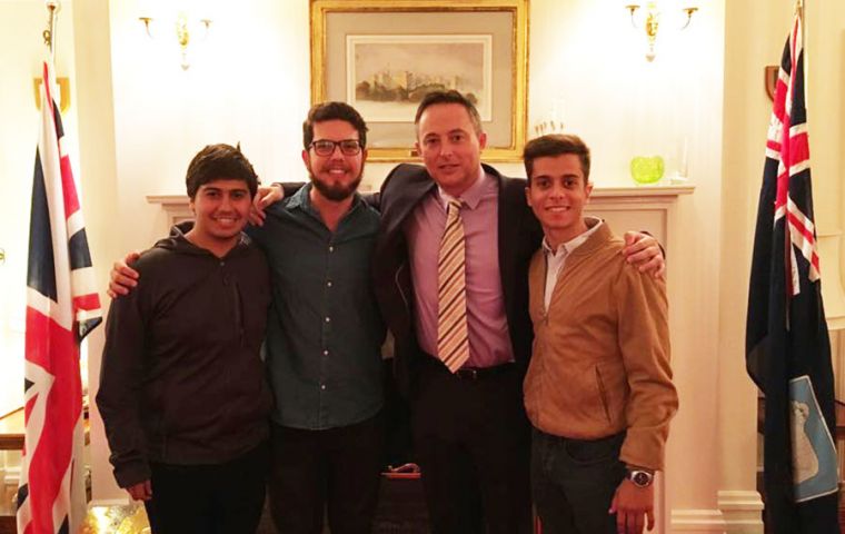 Hristo Gomez, Marco Franceschini and Mauricio Giraudo, join British Ambassador in Uruguay Ian Duddy at the Government House in Stanley (Pic Twitter)