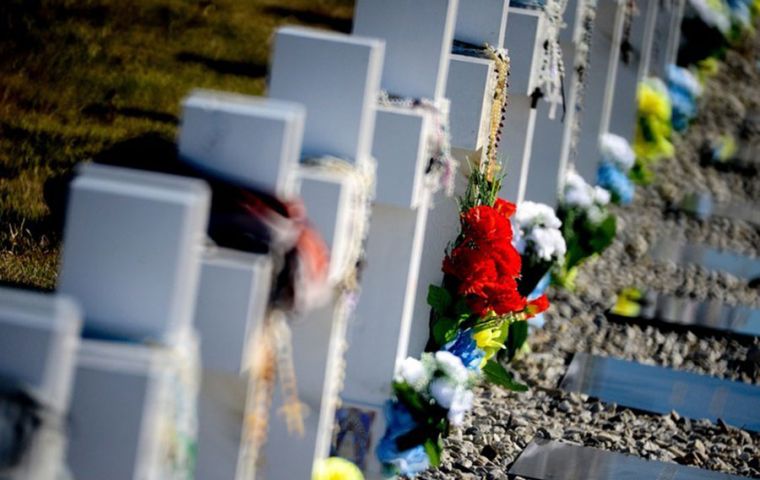 Families of the 90 Falklands/Malvinas War soldiers recently identified through DNA testing visited the islands,. (Photo via Human Rights Secretariat, Télam)