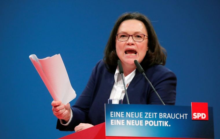 “Today, at this party congress, we're breaking through the glass ceiling in the SPD,” Ms Nahles told the convention. “And the ceiling will stay open.”