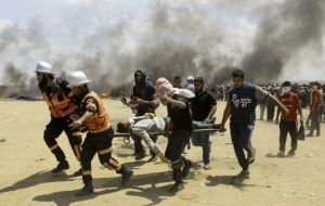 Palestinian officials said that, as well as those 55 killed, about 2,700 people were injured in Monday's violence. It was the deadliest day in Gaza since the 2014 war.
