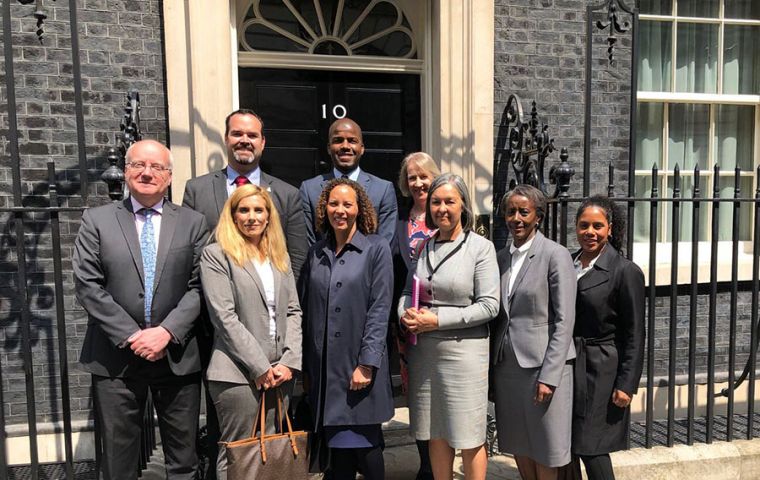 Representatives from the different BOTs at 10 Downing Street. Falklands were represented by Ms Sukey Cameron MBE