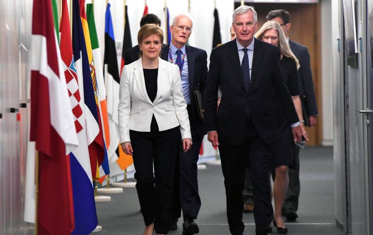Sturgeon told Mr Barnier that the Scottish government believed the UK should remain within the customs union and single market after leaving the EU. (Reuters)