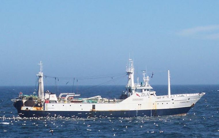 Fishing vessel in Falklands waters - In 2017 all loligo squid imported to Spain came from the Falklands