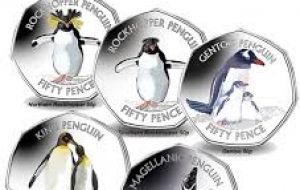 Coins features a headshot of a Macaroni penguin in color, highlighting the most distinctive feature of the breed: the golden crests at the centre of the forehead