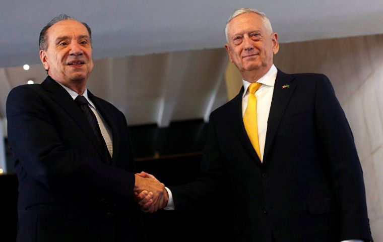 Defense Secretary Mattis (R) and Foreign Minister Aloysio Nunes met on Monday at the Itamaraty Palace in Brazil to reaffirm long-standing bilateral relationship