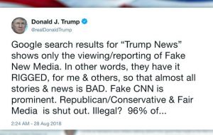 In an earlier tweet, Mr Trump accused Google of prioritizing negative news stories from what he described as the “national left-wing media”.