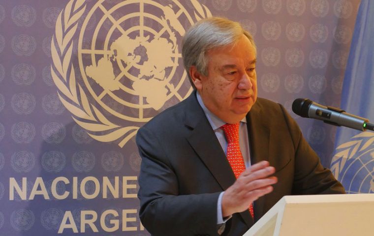 The UN Secretary-General, António Guterres, addresses the media at the G20 summit in Buenos Aires, Argentina on 29 November, 2018.