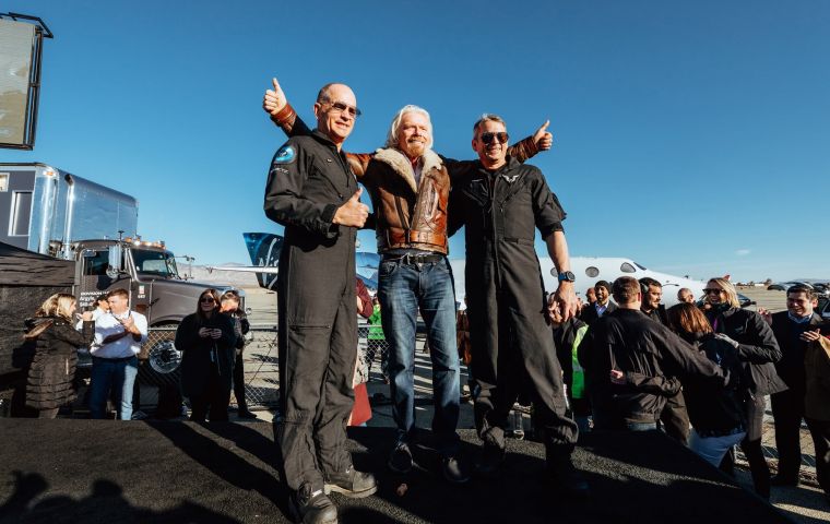 Sir Richard (center) was speaking from the Mojave Desert in California after attending the latest Virgin Galactic space launch 