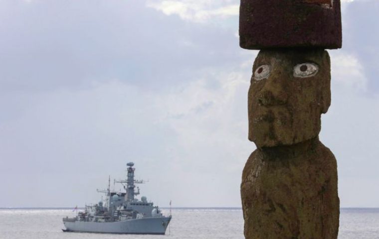 The warship arrived off Easter Island with all on board given the once-in-a-lifetime chance to go ashore and see first the ancient statues, known as Moai, at Ahu Tongariki (Pic RN)