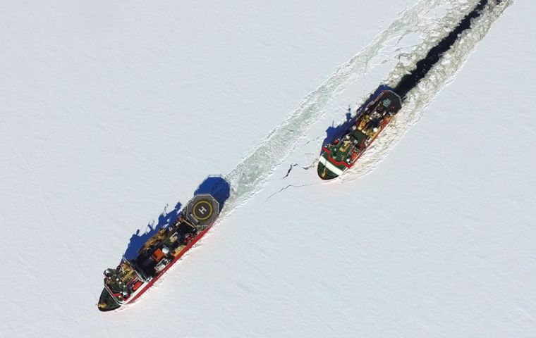 Working together with British Antarctic Survey’s vessel RRS Ernest Shackleton, the Plymouth-based ice-strengthened vessel crunched her way to a remote Antarctic ice shelf