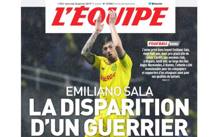 French sports newspaper L'Equipe carried the news of Sala's plight on its front page on Wednesday with the headline: “The disappearance of a warrior”.