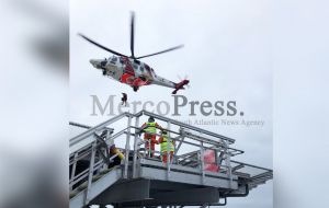 Medic is lowered down onto the helideck of Ocean Infinity’s ship Seabed Constructor to help with the recovery of injured person from French yacht Paradise