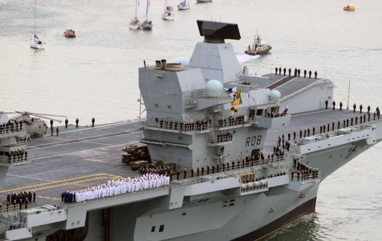 The ceremony took place on board HMS Queen Elizabeth, one of the RN’s two new carriers which VAdm Kyd recently led through her maiden F-35 fighter jet trials.