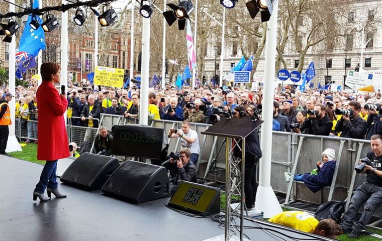 Speaking from a stage in Parliament Square, Ms Sturgeon said: “the voice of the 48% who voted remains across the UK is being ignored” (Pic N.Sturgeon Twitter)
