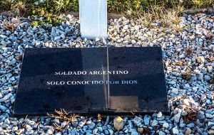 A black granite gravestone with the reading, “Argentine soldier, only known to God” from the Argentine military cemetery in the Falklands was officially donated