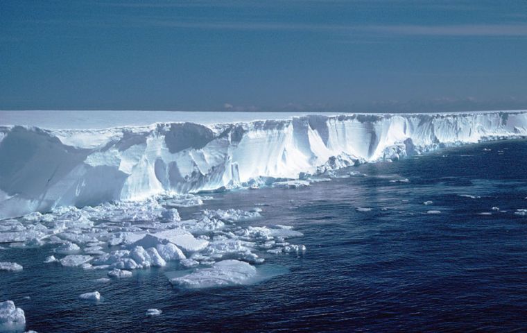 The Brunt Ice Shelf is a large floating area of ice, around 150m to 250m thick, and is made up of freshwater ice which originally fell as snow further inland (Pic BAS)