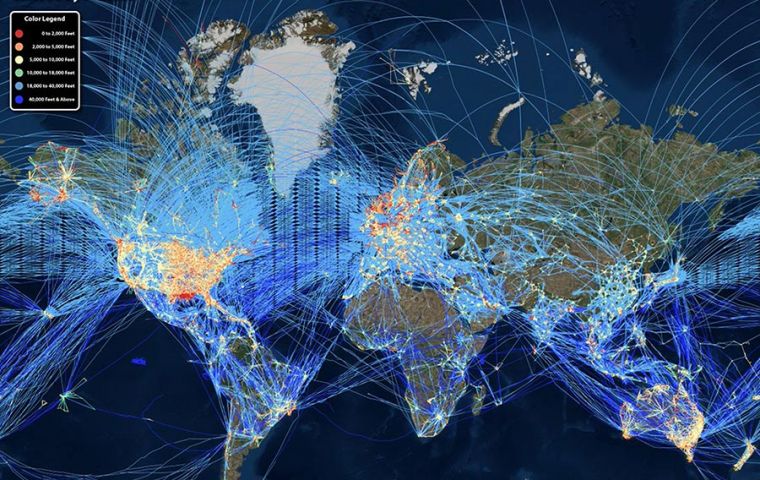 Aircraft tracked from 66 satellites from March 31 to April 3. Image: Aireon