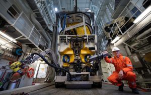 Mensun Bound with Remote Operated Vehicle (ROV) with manipulating arms that can work at depths up to 6000m.  It is used by the team to study, film and conduct archaeology on the various sites. 